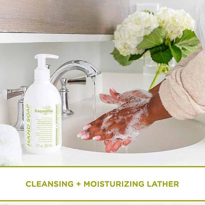 Sapadilla Liquid Hand Soap - Rosemary + Peppermint - Made with 100% Pure Essential Oil Blends, Cleansing & Moisturizing, Aromatic & Fragrant Hand Soap, Plant Based, Biodegradable, 12 Ounce (Pack of 2)