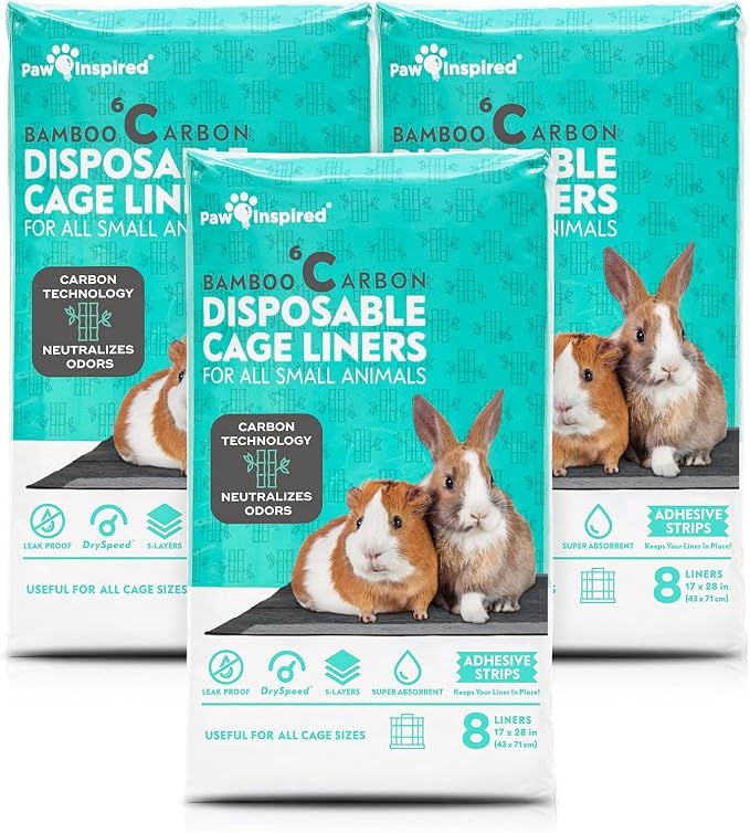 Paw Inspired Disposable Cage Liners, 28x17 Inch (C&C 2x1), 24 Count | Bamboo Charcoal Odor Controlling, Super Absorbent Pads For Guinea Pigs, Ferrets, Rabbits, Hamsters, Small Animals