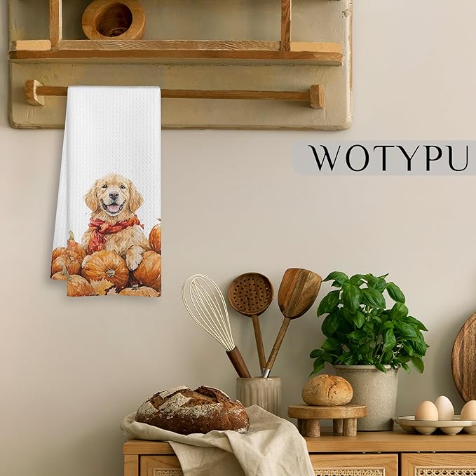 Fall Golden Retriever Gifts Kitchen Towels, Golden Retriever Lover Gifts Dish Tea Towel for Kitchen Decor, Farmhouse Fall Autumn Maple Leaf Dog Hand Towels for Bathroom Decor,16X24 Inch
