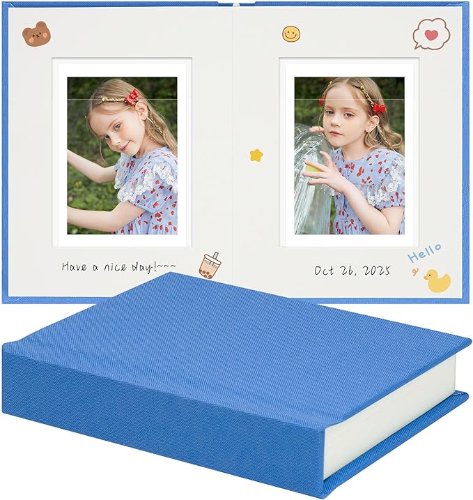 Vienrose Polaroid Photo Album with Writing Space – 2x3 Photo Album for Instax Mini & Polaroid Go, 26 Pockets Wedding Travel Scrapbook, Small Linen Album for Instant Photos, Blue