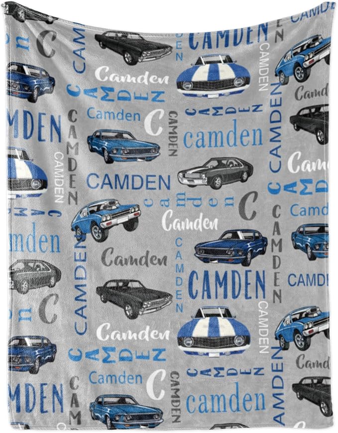 Custom Car Blanket With Name for Boys, Personalized for Kids, Soft Flannel Toddler Customized Gift for Birthday Christmas Baby Shower Children Day 40x50in
