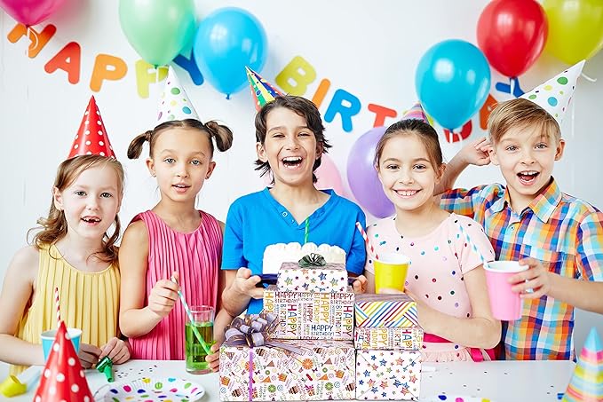 PlandRichW Birthday Wrapping Paper 12 Sheets Folded Flat for Kids, Boys, Girls, Adults.Includes Happy Birthday, Star, Rainbow, Cake 4 Colorful Designs for Baby Shower, Holiday, Party 20 X 29 Inch