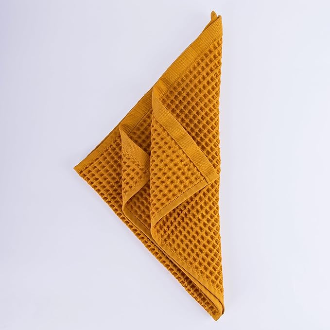 PÜSKÜL - Set of 3 Organic Waffle Hand Towel Mustard - Premium Quality, 100% Turkish Cotton, Soft, Quick-Dry, Absorbent, Lint-Free Face Kitchen Hand Towels (Mustard Yellow, Hand Towels - Pack of 3)