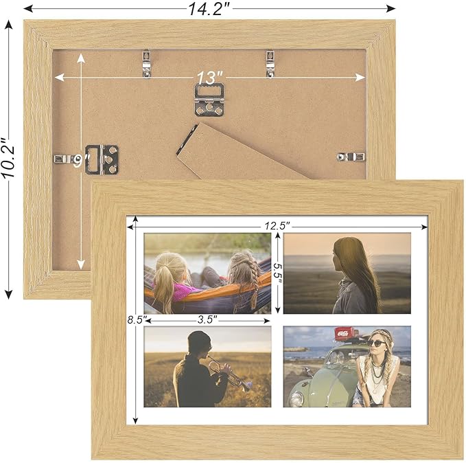 9x13 Picture Frame Display 4 opening 4X6 Picture Frame Collage,Multi Photo Frame with Mat,Plexiglass,Wall or Tabletop Decor,Natural Wood Grain