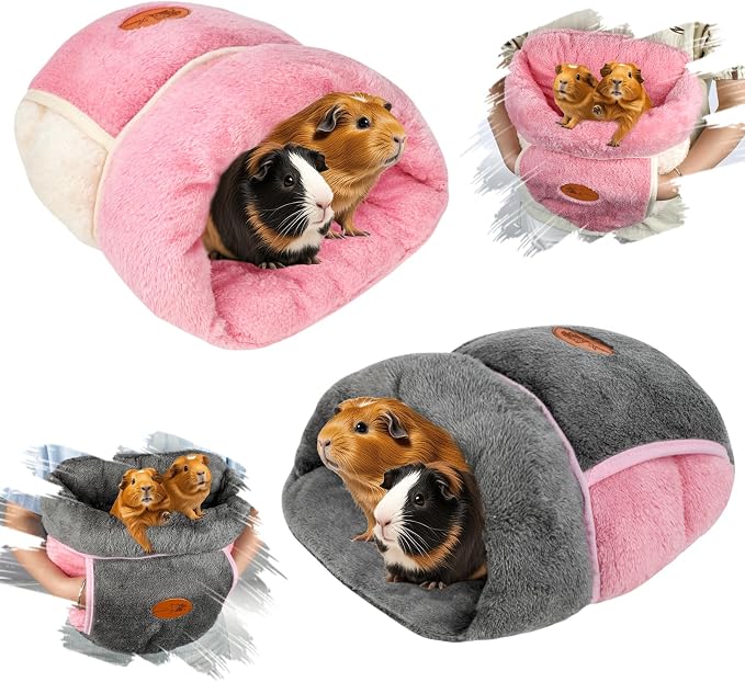YUEPET 2 Pack Guinea Pig Bed, Guinea Pig Cuddle Sack, Grey & Pink | Guinea Pig House, Portable Guinea Pig Hideout, Soft Coral Fleece Pocket Guinea Bed, Washable Cushion