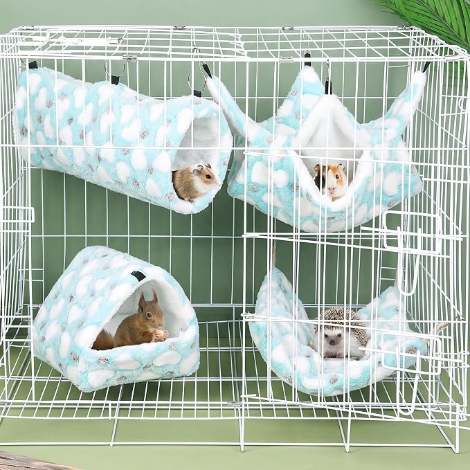 MCEAST 4 Pieces Small Pets Cage Accessories Hanging Hammock Sleeping Bag Tunnel and Bed Hideout Set Warm Sleep Nap Sack Bed for Hamster Ferret Squirrel Rabbit, Light Blue Hearts