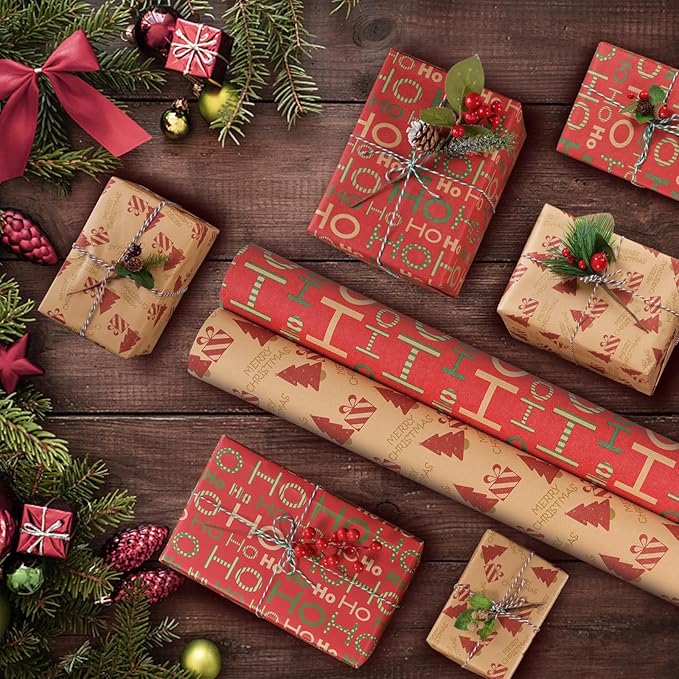 AhfuLife 2 Rolls Christmas Wrapping Paper - 17 Inch × 49.2 Feet Per Roll, Recyclable Red Brown Kraft Xmas Wrapping Paper for Gift Box Decoration