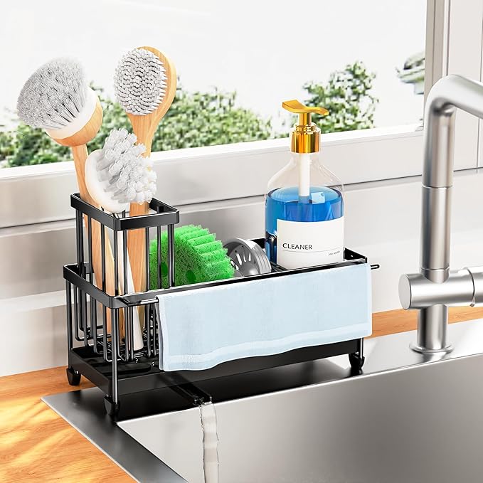 Cisily Sponge Holder for Kitchen Sink, Sink Caddy Organizer with High Brush Holder, Kitchen Countertop Organizers and Storage Essentials, Rustproof 304 Stainless Steel (Black with Towel Rack, 9.25″)
