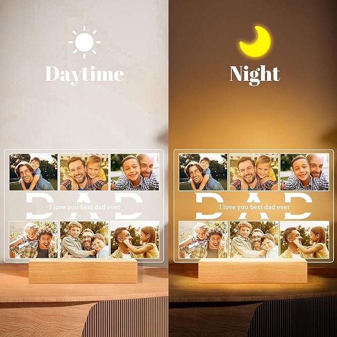 Personalized Birthday Gifts for Dad from Daughter Son, Custom Picture Frames with Photos, Customized Photo Frame with Night Light, Personalized Christmas Gifts for Dad Baby Kid Family