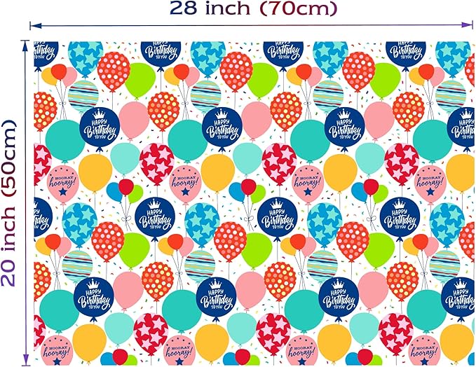 Birthday Wrapping Paper Sheet - 12 Sheets Folded Flat Gift Wrap with “Happy Birthday” Candles, Balloons, Colorful Stripes for Party, Baby Shower - 20 X 28 Inch Per Sheet