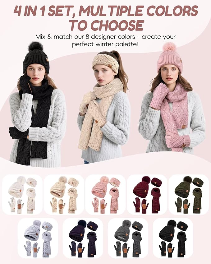 Womens Winter Hat Gloves Scarf Headband Set, Pom Pom Beanie Long Scarf Touchscreen Gloves Ear Warmer, 4 in 1 Warm Gift Set