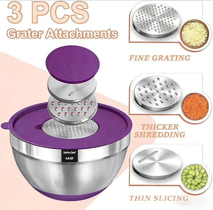 Umite Chef Mixing Bowls with Lids Set, 26Pcs Colorful Stainless Steel Bowls Set, Nesting Bowls with Grater Attachments, Large Kitchen Bowls Set with Non-Slip Bottoms for Mixing & Serving