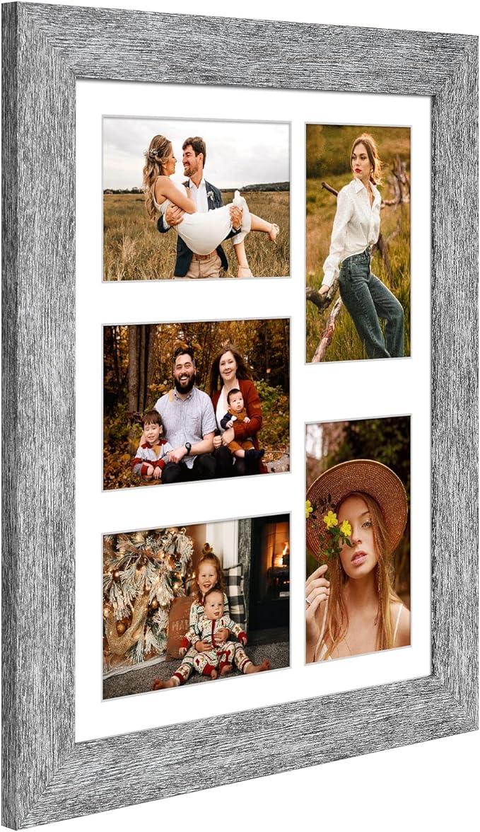11x14 Picture Frame Display 5 opening 4X6 Picture Frame Collage,Multi Photo Frame with Mat,Plexiglass,Wall or Tabletop Decor,Grey Wood Grain