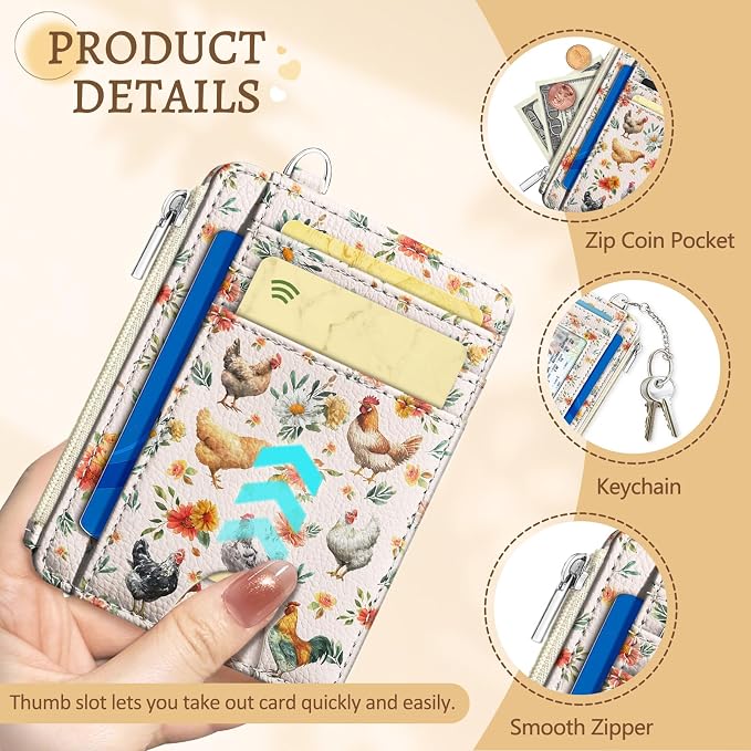 Kelvoris Credit Card Holder Small Wallet Women, Slim RFID, Chicken Rooster | Keychain, Zipper Coin Pocket, Front Pocket Thin Travel Card Case, Minimalist, 6 Card Slots, 1 ID Window, Ladies Gifts Woman