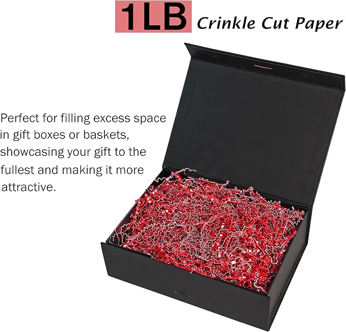 Bobobag - 1LB Crinkle Cut Paper Shred Filler Recyclable Gift Wrap Confetti Raffia Grass Shiny Shred Paper for Easter Baskets Filler Creative Eggs Decor (Red)