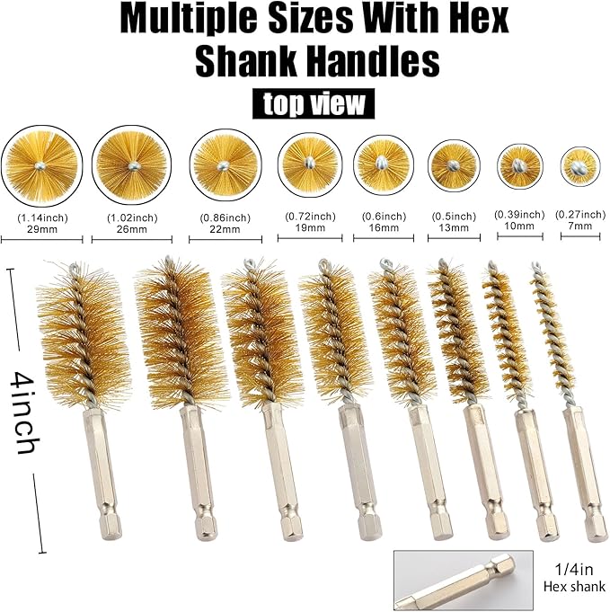MAXMAN Bore Brush Set, 8pcs Brass Wire Brush for Drill, Durable Metal Bristles Twisted, 8 Size Set Multiple Diameter Options, 1/4 Inch Hex Shank, for Power Drill Impact Driver & Tube Cleaning