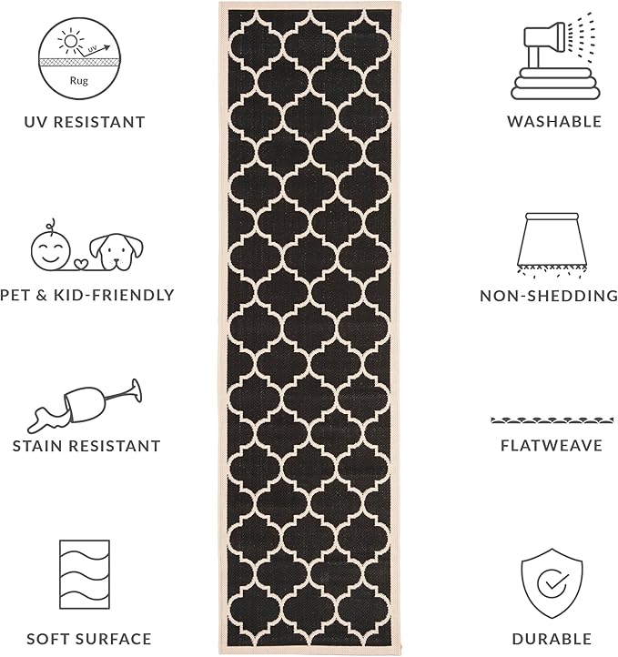 SAFAVIEH Washable Rug Outdoor Courtyard Collection - 2'3" x 8' Runner, Black & Beige, Non-Shedding & Easy Cleaning, Ideal for Patio, Entryway, Mudroom, Hallway, Kitchen (CY6914-266)