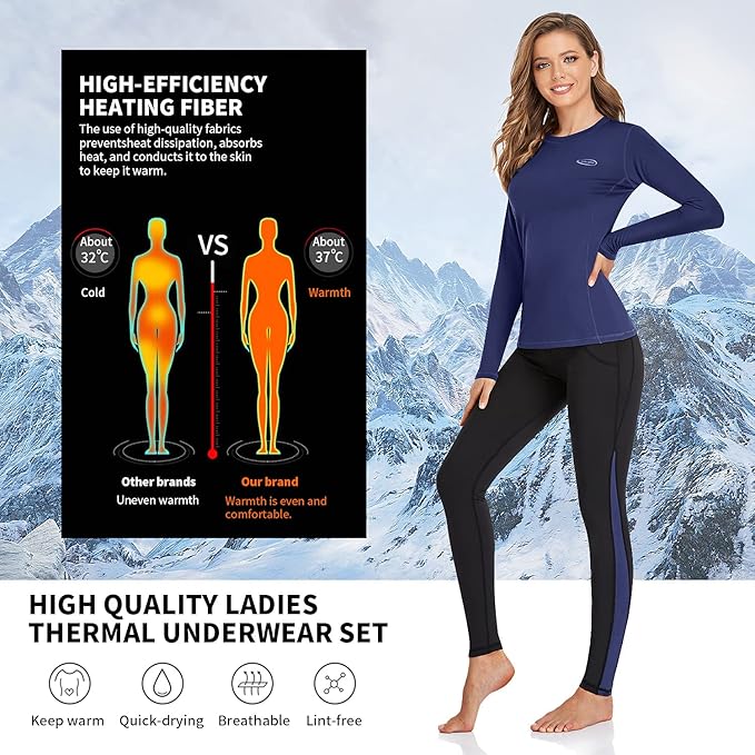 Thermal Underwear Women Long Johns Set Fleece Lined Warm Base Layer Long Sleeve for Weather Top Bottom Pajama