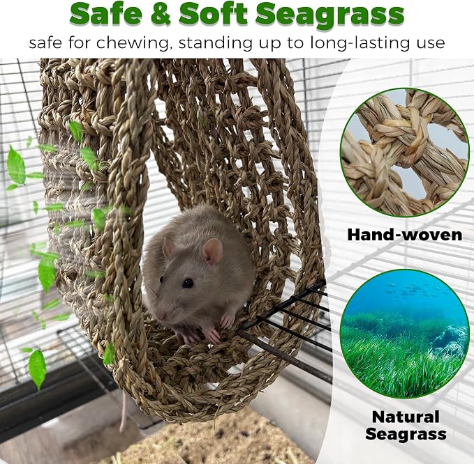 30x7inch Rat Climbing Toys for Cage, Chewable Natural Seagrass Mat | with Metal Hooks, Soft Fall Breakers for Rats, Rat Ladder Bridge Toy with Mild Grassy Scent, Rodent Hammock Cage Accessories