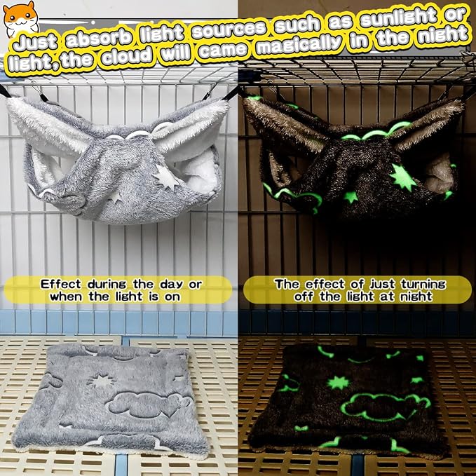LEFTSTARER Noctilucent Luminous Guinea Pig Rat Hammock Bunkbed Hanging Tunnel and Soft Bed Mat for Ferret Hedgehog Squirrel Hideout Cage Accessories (3.Bunkbed Hammock and Mat)