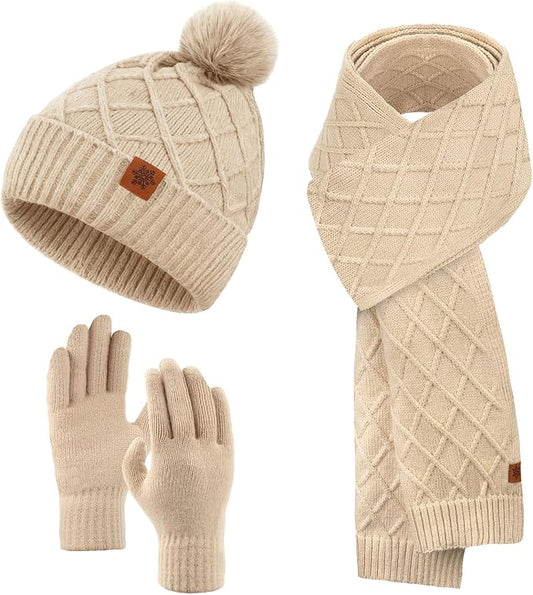 YARIEW Winter Hat Scarf and Gloves Set for Women, Warm Knitted Beanie with Pom Pom, Soft Ear Warmer Scarf, Warm Gloves