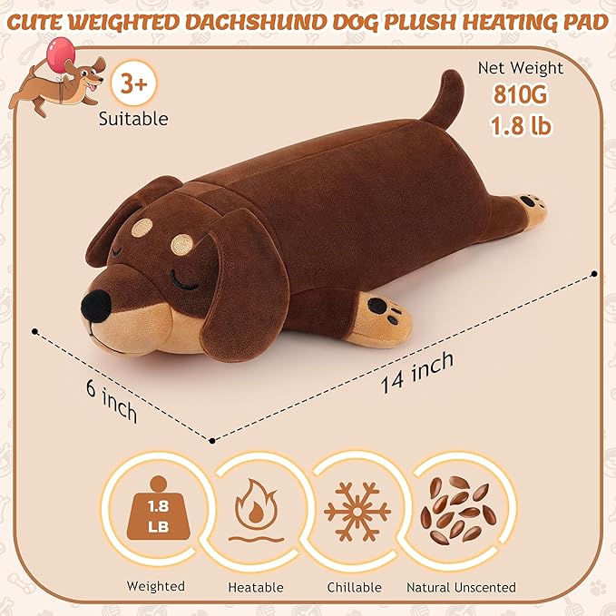 Weighted Dachshund Dog Microwavable Heating Pad-1.8lb Heating Pads for Cramps &Period Pain Relief for Women, Cuddly Heatable & Coolable Weighed Weiner Dog Stuffed Animals Heating Pads for Women Kids