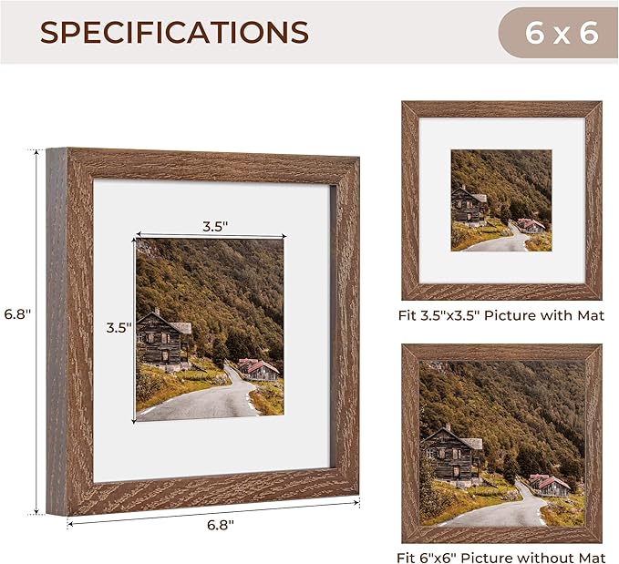 Solid White Oak Wood 6x6 Picture Frames with Stand for Wall & Tabletop Display, Rustic Real Glass, Matted to 4x4, Walnut, Set of 4