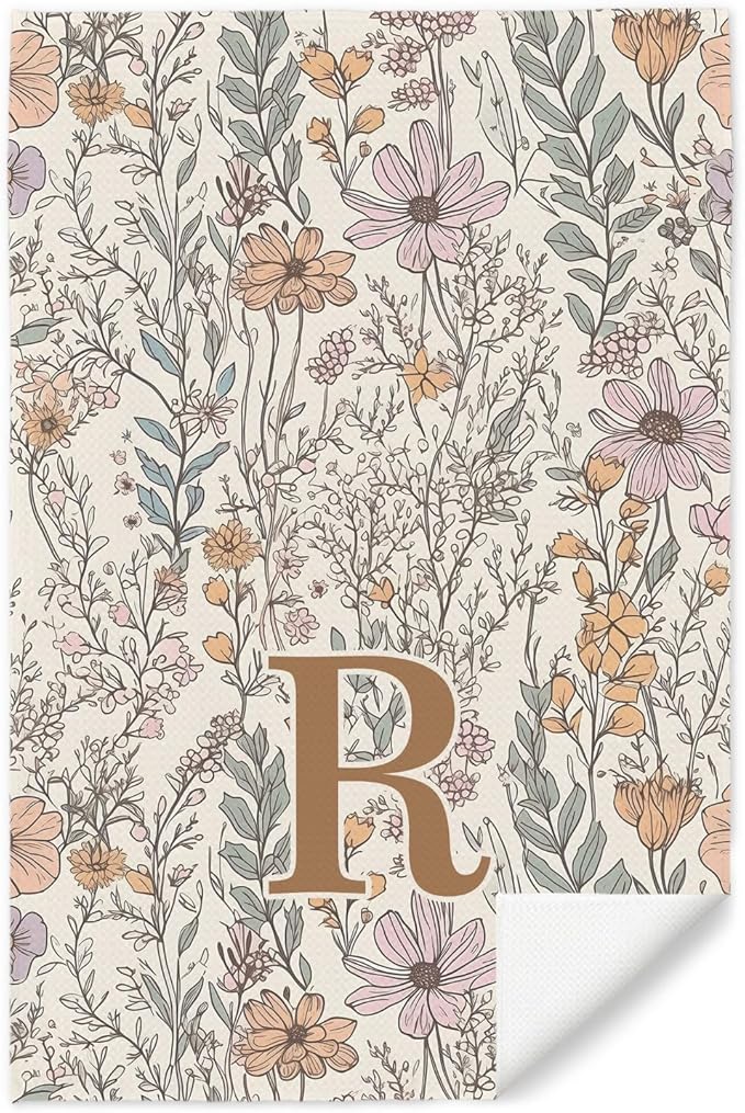 Initial R Personalized Floral Kitchen Towels Dish Towel, Custom Hand Towels for Bathroom, Monogrammed Gifts for Women Mom, Boho Floral Decorative Kitchen Towels Tea Towel, 16x24 Inch