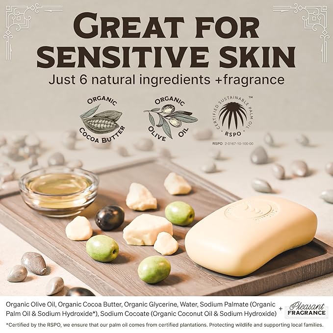 Carolina Castile Soap Vegan Unscented Castile Bar Soap – 3 Bars of Natural Soap for Men, Women, and Kids – Gentle, Hydrating Castile Soap Bars with Organic Cocoa Butter and Olive Oil, 5 Oz. Each
