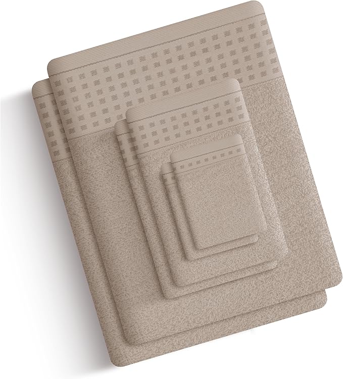 GLAMBURG Towels for Bathroom, 100% Cotton Towel Set, Contains 8 Soft Bath Towel, 8 Hand Towels, 8 Wash Cloths - Compact Absorbent Lightweight & Quickdry - 24 Piece Bathroom Towel Set - Tan