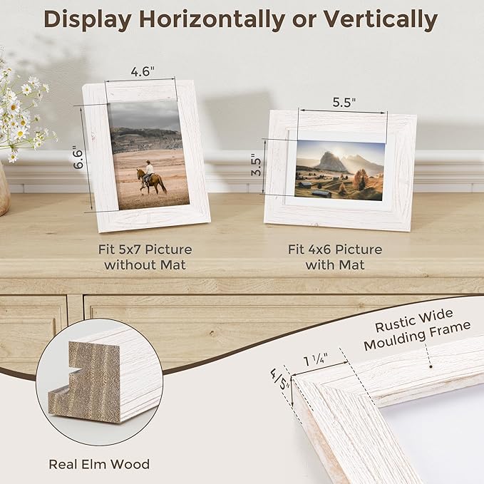 Fun Memories 5x7 Picture Frame, Natural Elm Wood, White, 5"x7" with Tempered Glass & Mat for 4x6, Rustic Wall & Tabletop Display, 1 Pack