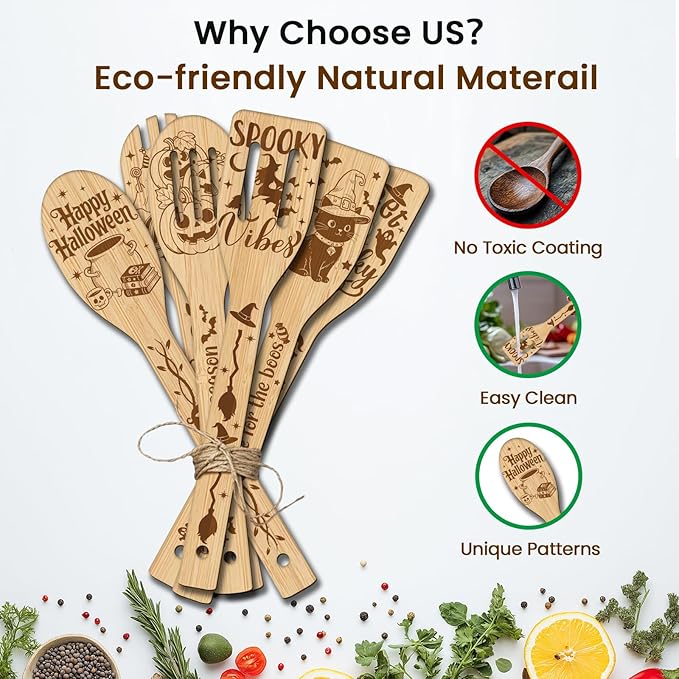 CUTHOLLOW 6PCS Halloween Element Greeting Wooden Kitchen Cooking Utensil Set, 11.9in Non Toxic Bamboo Wood Spoon Set for Cooking, Best Housewarming Halloween Decor Gift for Women Mother