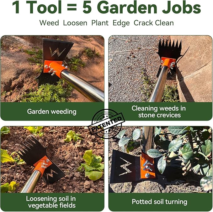 4-in-1 Weeding Tool with Hoe, Grabber, Pruning Shears & Scrub Brush,Garden Hoe & Weed Puller Tool with Long Handle,Dandelion Heavy Duty Uprooting Tool for Lawn Yard Garden