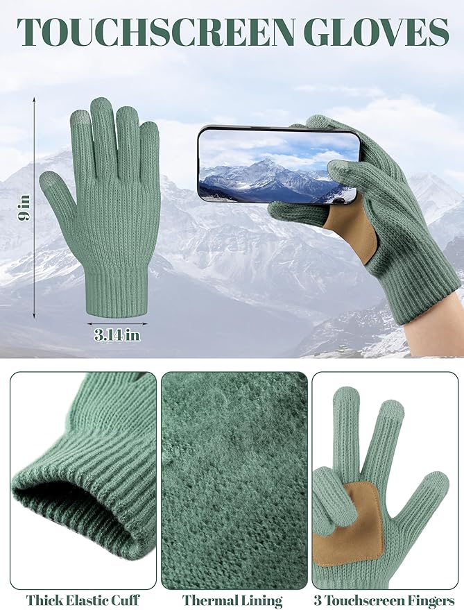 LOROME Women Winter Beanie Hat Scarf Gloves Set, Fleece Knitted Pompom Hat Warm Neck Scarf Touchscreen Gloves Winter Gift