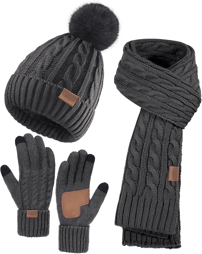 Remifa Winter Hat Scarf Gloves Set for Women, 3 PCS Beanie Hat Touchscreen Glove Long Neck Kint Scarf Valentines Gifts