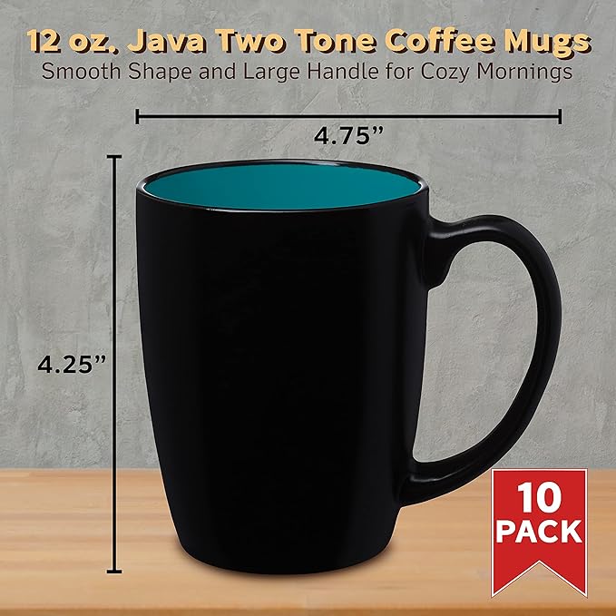 DISCOUNT PROMOS 10 Java Two Tone Coffee Mugs Set, 12 oz. - Stoneware, Durable, Easy Grip - BLACKTEAL
