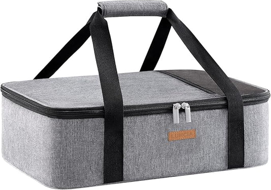 LUNCIA Insulated Single Decker Casserole Carrier, Lasagna Lugger Tote Keeps Food Hot or Cold, Thermal Lunch Bag for Potluck Parties, Picnic and Cookouts, Fits 11"x15" Baking Dish, Grey