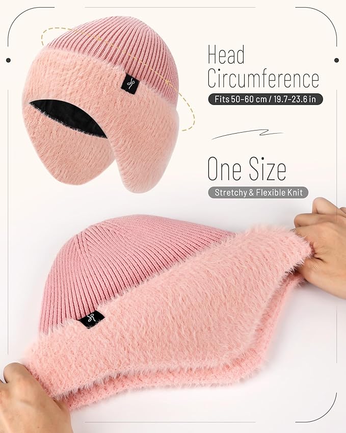 Winter Fleece-Lined Beanie with Earflaps, Warm Windproof Unisex Beanie Hat for Skiing, Hiking & Outdoor Winter Sports