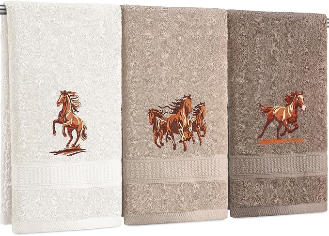 3 Pcs Western Horse Hand Towels Set for Bathroom | 100% Cotton Embroidered, Decorative Equestrian Horse Themed Gifts, farmhouse Towels for Bathroom Kitchen Decor 13.3 x 29.5''