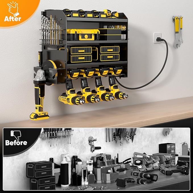 Power Tool Organizer Wall Mount with Charging Station,Tool Storage Rack with 8 Outlet Power Strip,Heavy Duty Metal Battery Utility Rack with 4 Cordless Drill Holder 6.56 Ft Cord for Garage