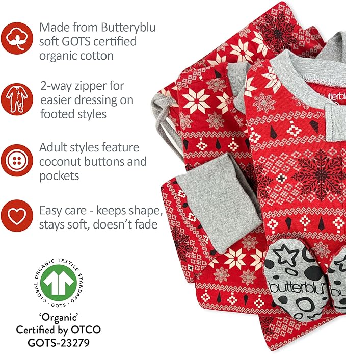JAMIE Matching Family Jammies Holiday Pajamas 100% Organic Cotton PJs Adults, Kids, Toddlers, Baby, Pets