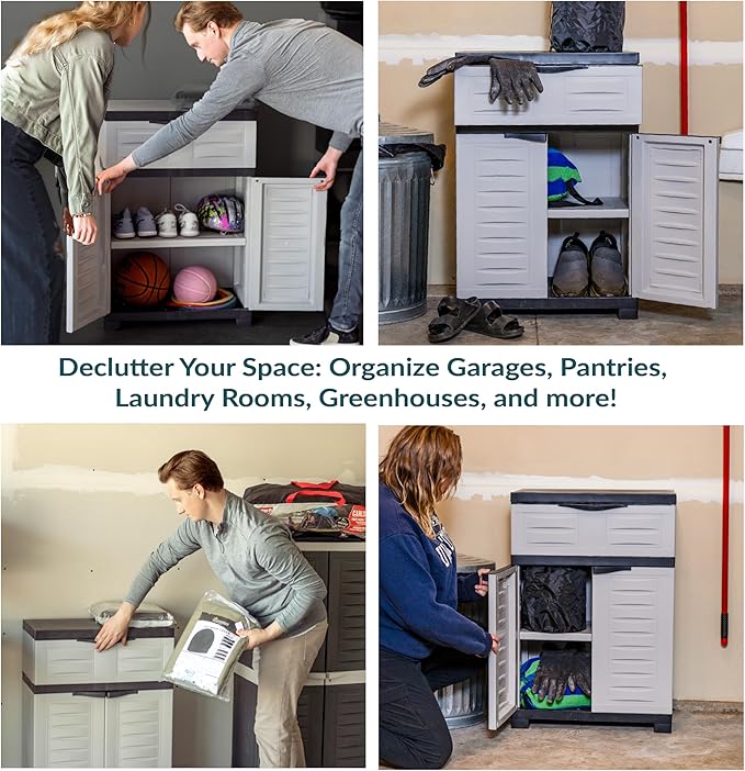 Sunnydaze 34.5" H Resin Garage Storage Cabinet - Garage Cabinet with Adjustable Shelf - Freestanding Utility Storage for Laundry Room, Office, Basement - Gray
