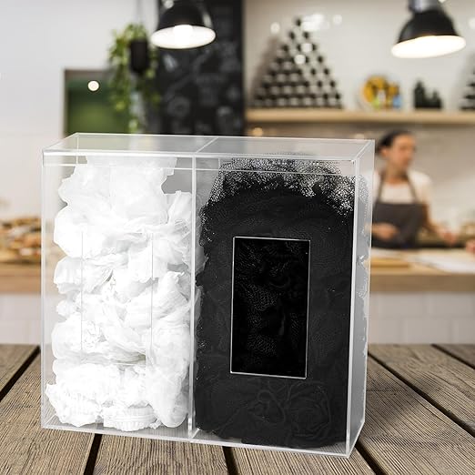 Double Hygiene Holder - 2 Compartment Acrylic Dispenser With Lid for Hairnets, Glove Boxes, Face Masks, Plastic Bags, Tissue Boxes in Home or Medical Setting - Counter or Wall Mount (Double)