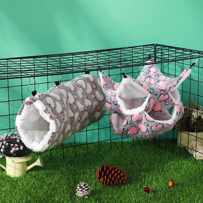 Sweetude 6 Pcs Rat Hammock Set Ferret Hanging Tunnel 3 Tier Guinea Pig Hammocks Hideout Soft Chinchilla Bed for Cage Accessories Hide,Play and Sleep(Cute,Heart)