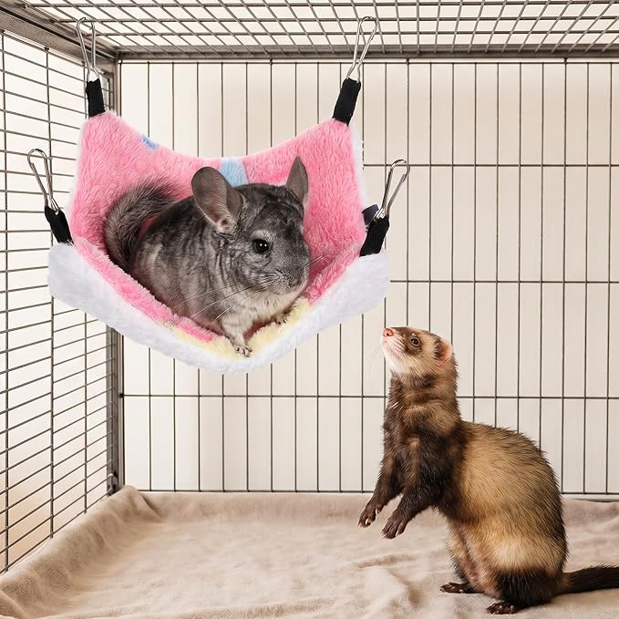 2 Pack Warm Fleece Hanging Corner Pet Rat Hammock with Hooks | Small Animal Hammocks Bed Hideout Swing Cage Accessories for Squirrels Sugar Gliders Guinea Pigs Hamsters Ferret Chinchilla