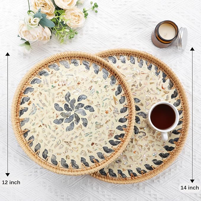 Rattan Serving Tray with Mother of Pearl, Round Coffee Table Wicker Tray Decor, Boho Decorative Woven Tray (Lucky Flower, 12 inch)