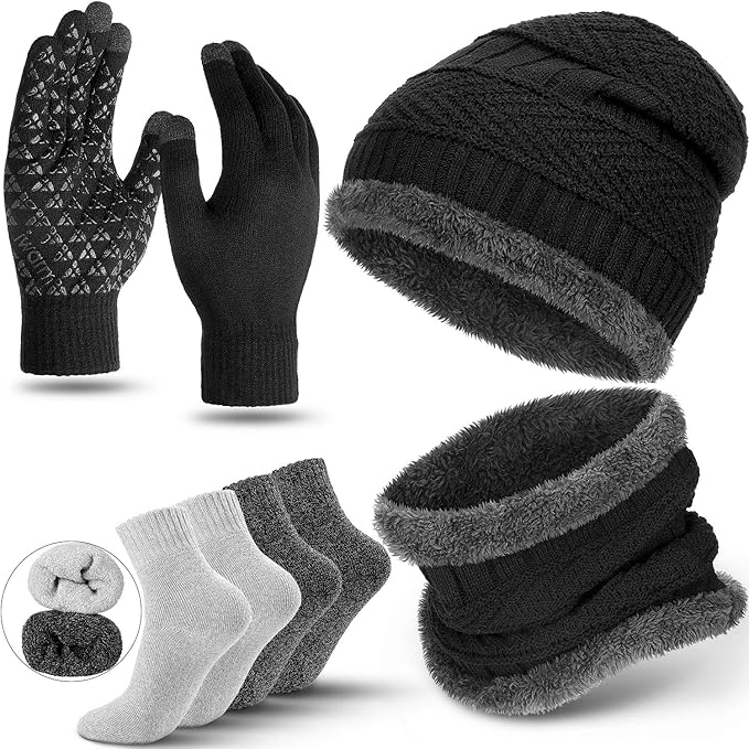Winter Fleece Lined Beanie Hat Scarf Sock Touchscreen Gloves Set for Men Women