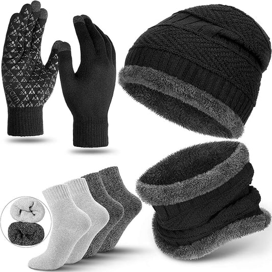 Winter Fleece Lined Beanie Hat Scarf Sock Touchscreen Gloves Set for Men Women