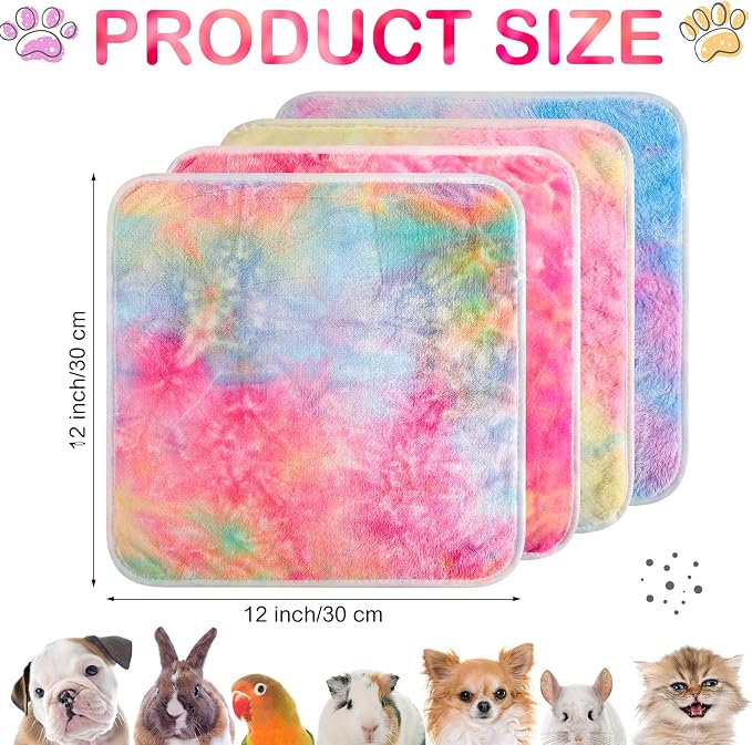 Reginary 4 Pcs Guinea Pig Fleece Blankets, Tie Dye, 12 x 12 Inch | Waterproof Washable Cage Liners, Absorbent Double Layer Bedding for Guinea Pigs, Reusable Pads for Hamsters Rabbits