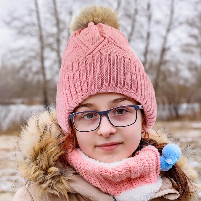SATINIOR 5 Pcs Winter Hat Scarf Gloves Set Fleece Warm Lined Knit Beanie Hat Touch Screen Earmuff Gloves Warmer for Women(Pink,Stylish Style)